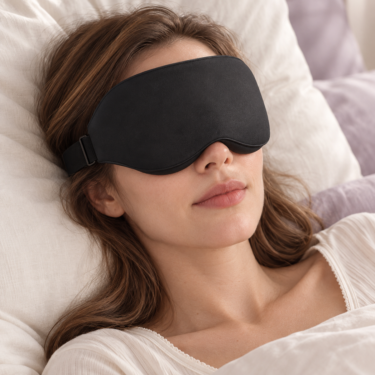 Woman wearing the black Hushly Cloud Sleep Mask