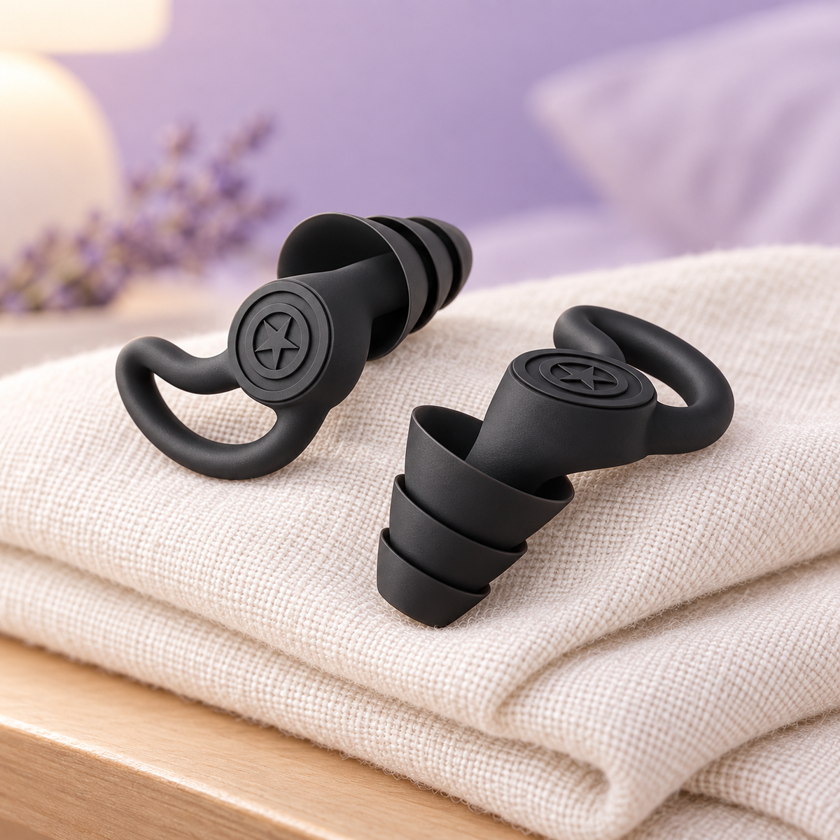 Black Hushly Everyday Earplugs on a bedside table