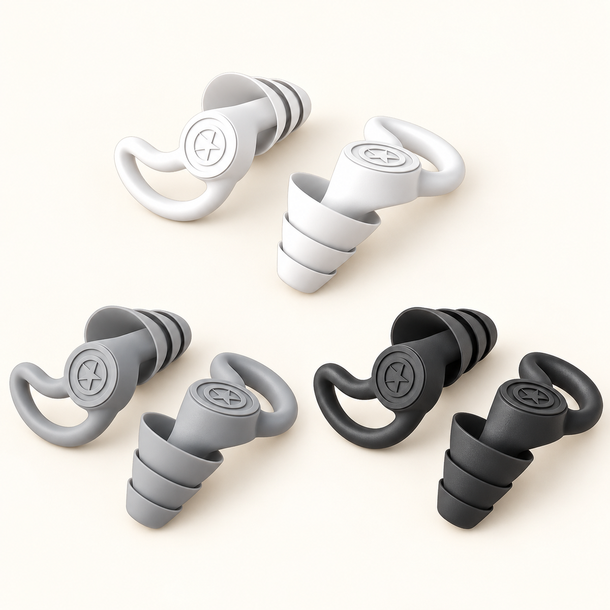 White, grey and black earplug colour options