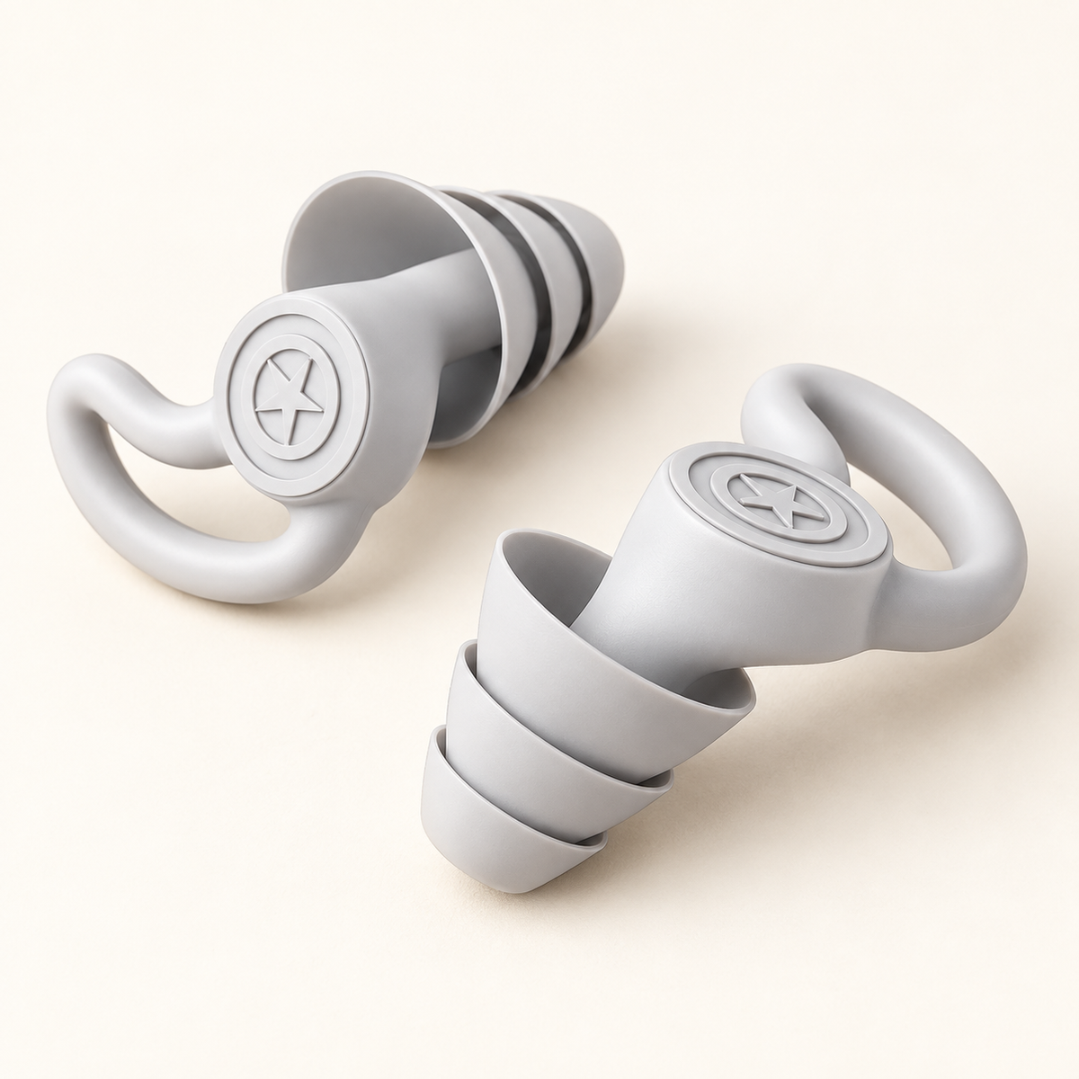 Close-up of grey silicone earplugs