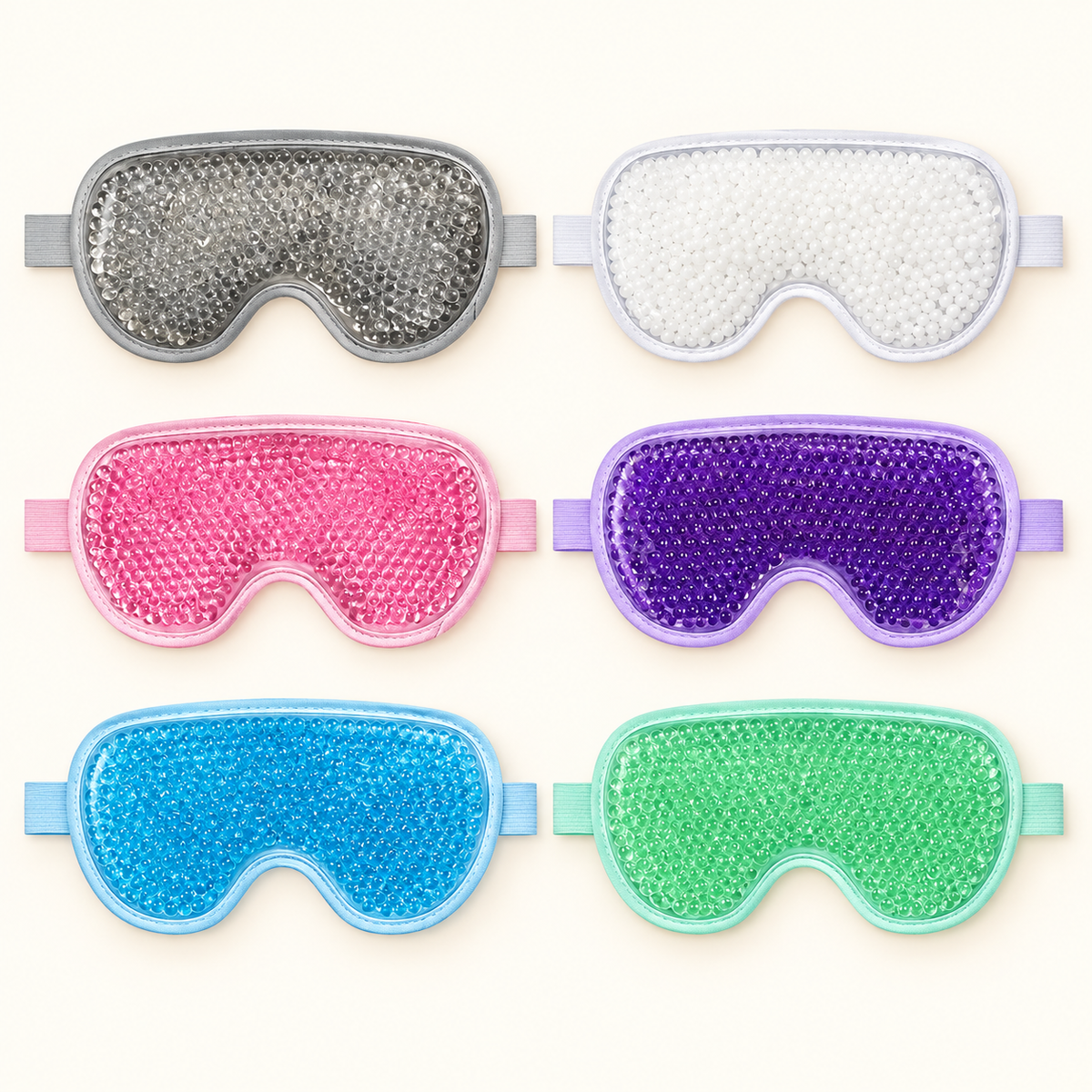 Six eye mask colour options: Grey, White, Pink, Purple, Blue and Green