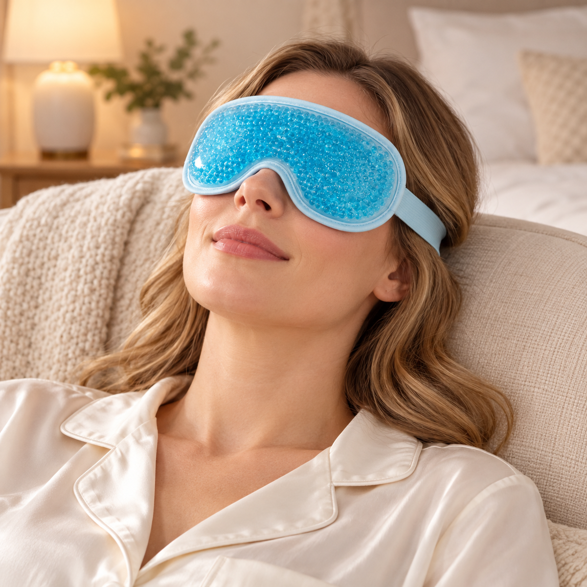 Woman resting with the blue cooling eye mask