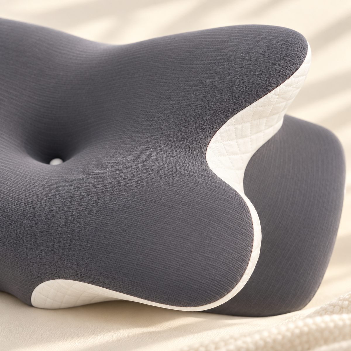 Grey fabric and white quilted sides of the Butterfly Pillow