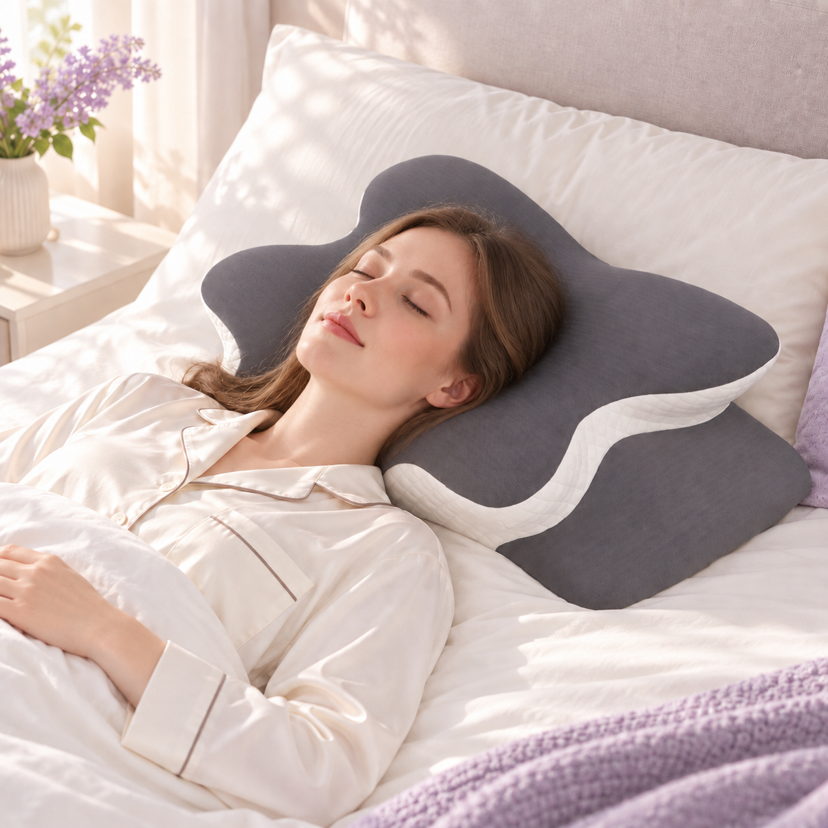Woman resting on the Hushly Butterfly Pillow