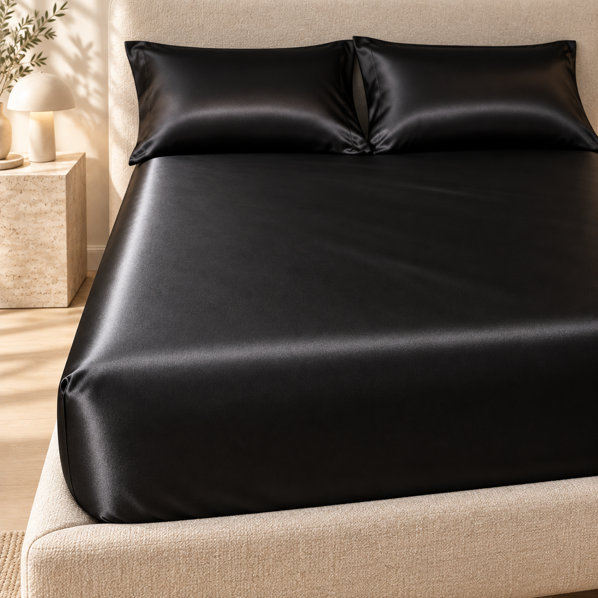 Close view of the black satin fitted sheet and its smooth finish