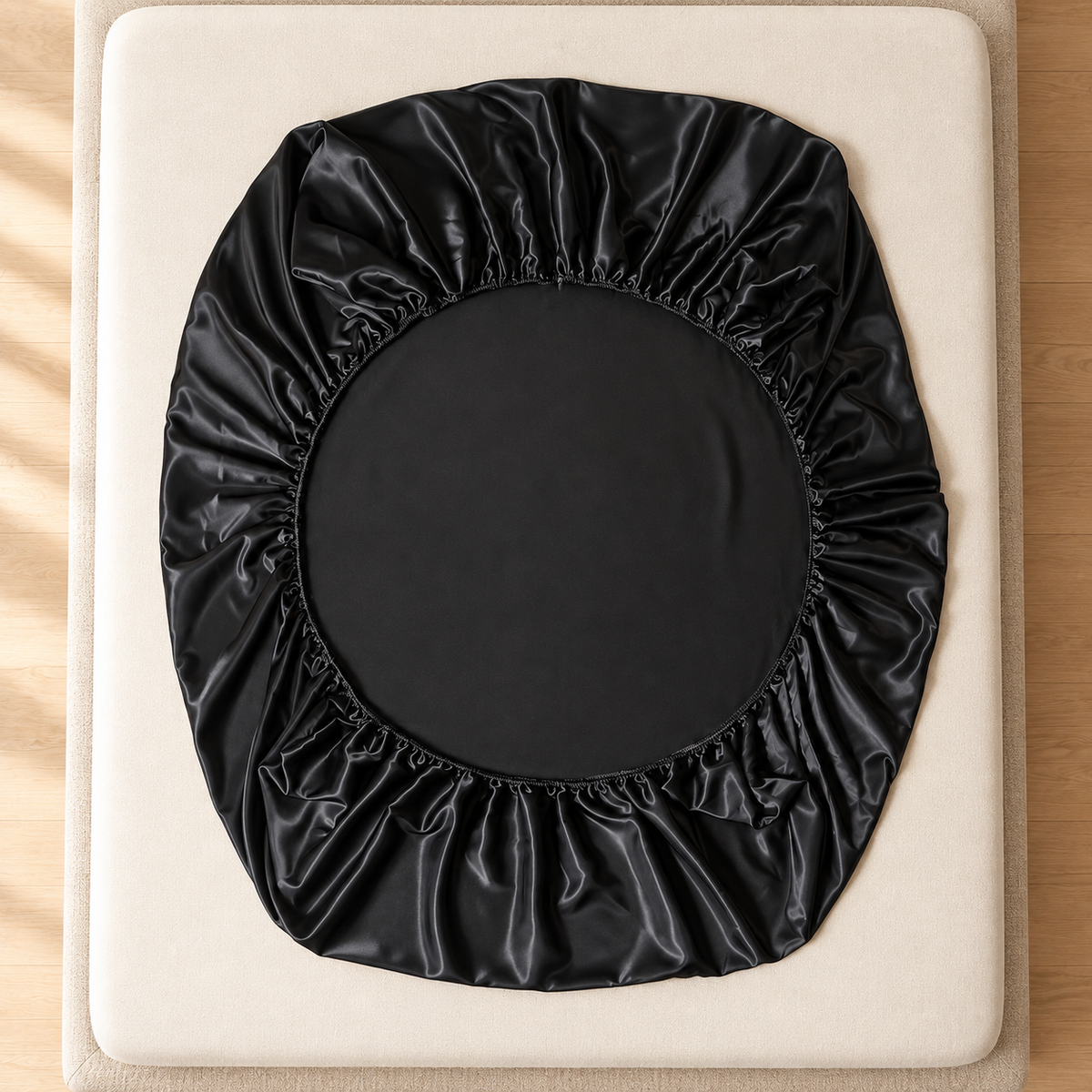 Underside of the black fitted sheet showing its gathered elasticated perimeter
