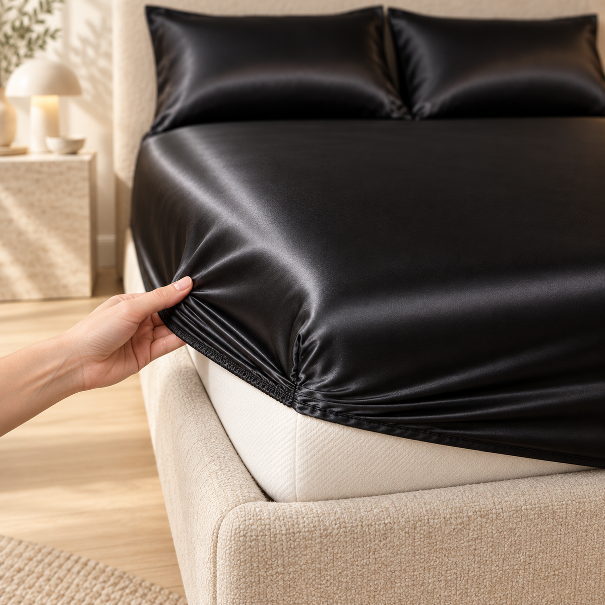 Black satin sheet elasticated corner and fitted edge detail