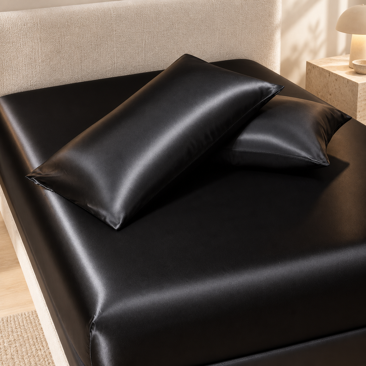 Two matching black satin pillowcases included in the three-piece set