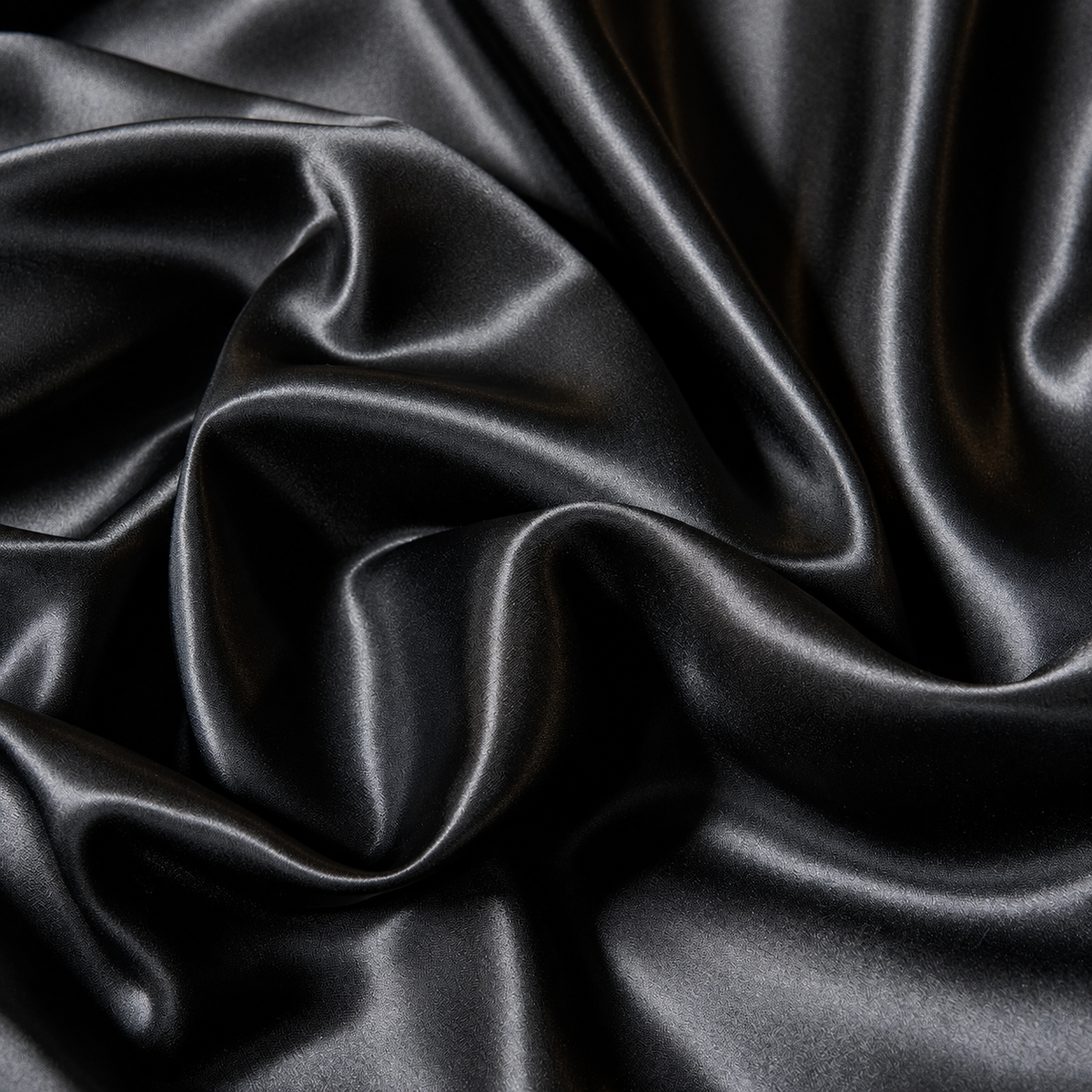 Close-up of black polyester satin fabric and its soft sheen