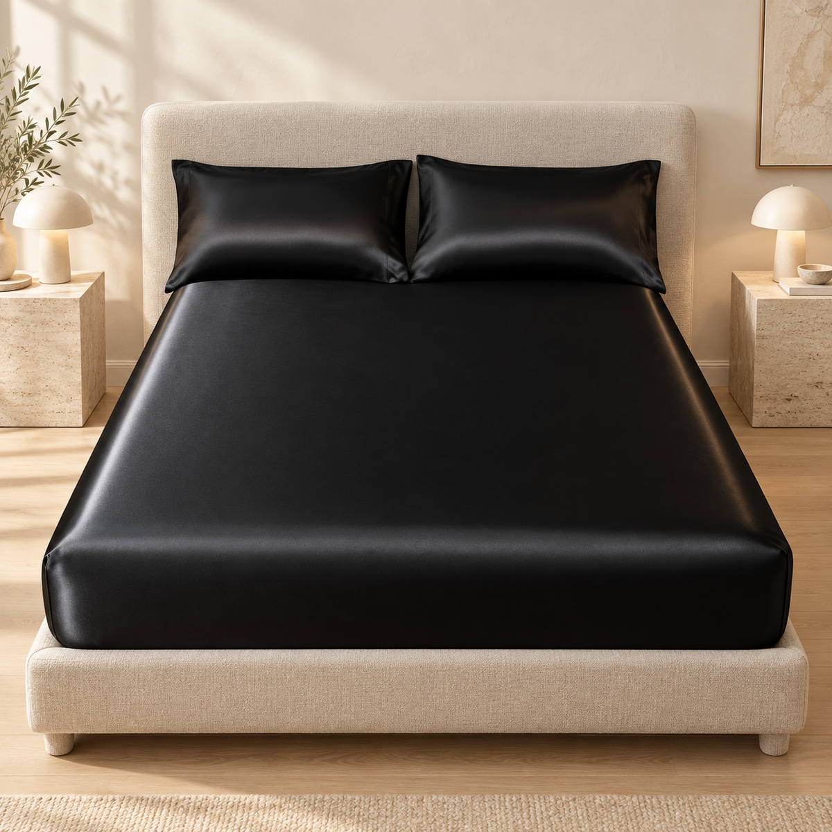 Black satin fitted sheet styled with matching pillowcases