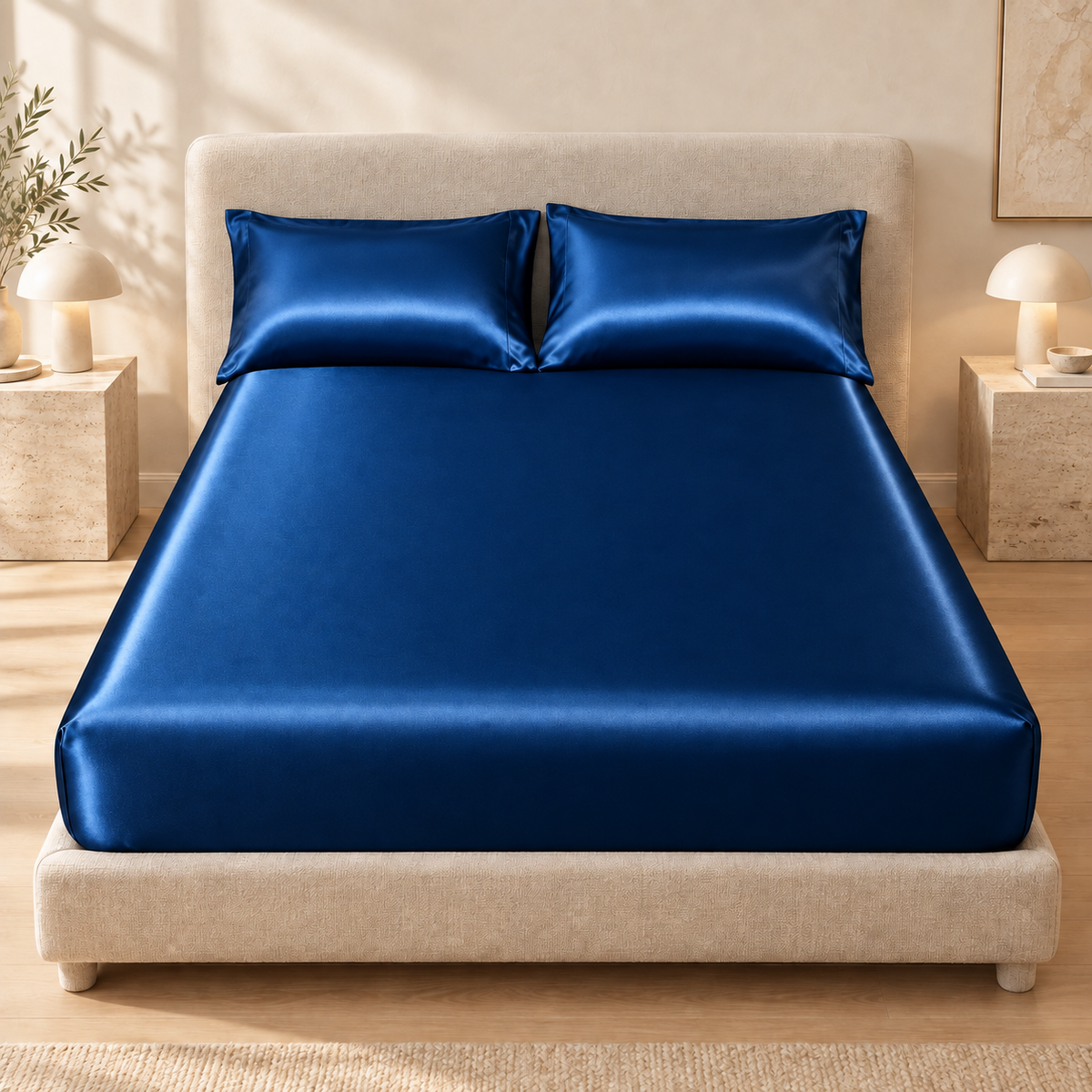 Deep blue satin fitted sheet styled with matching pillowcases