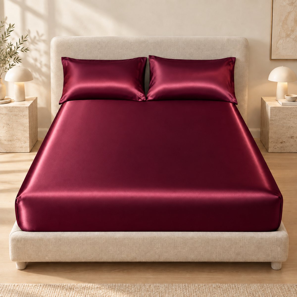 Burgundy red satin fitted sheet styled with matching pillowcases