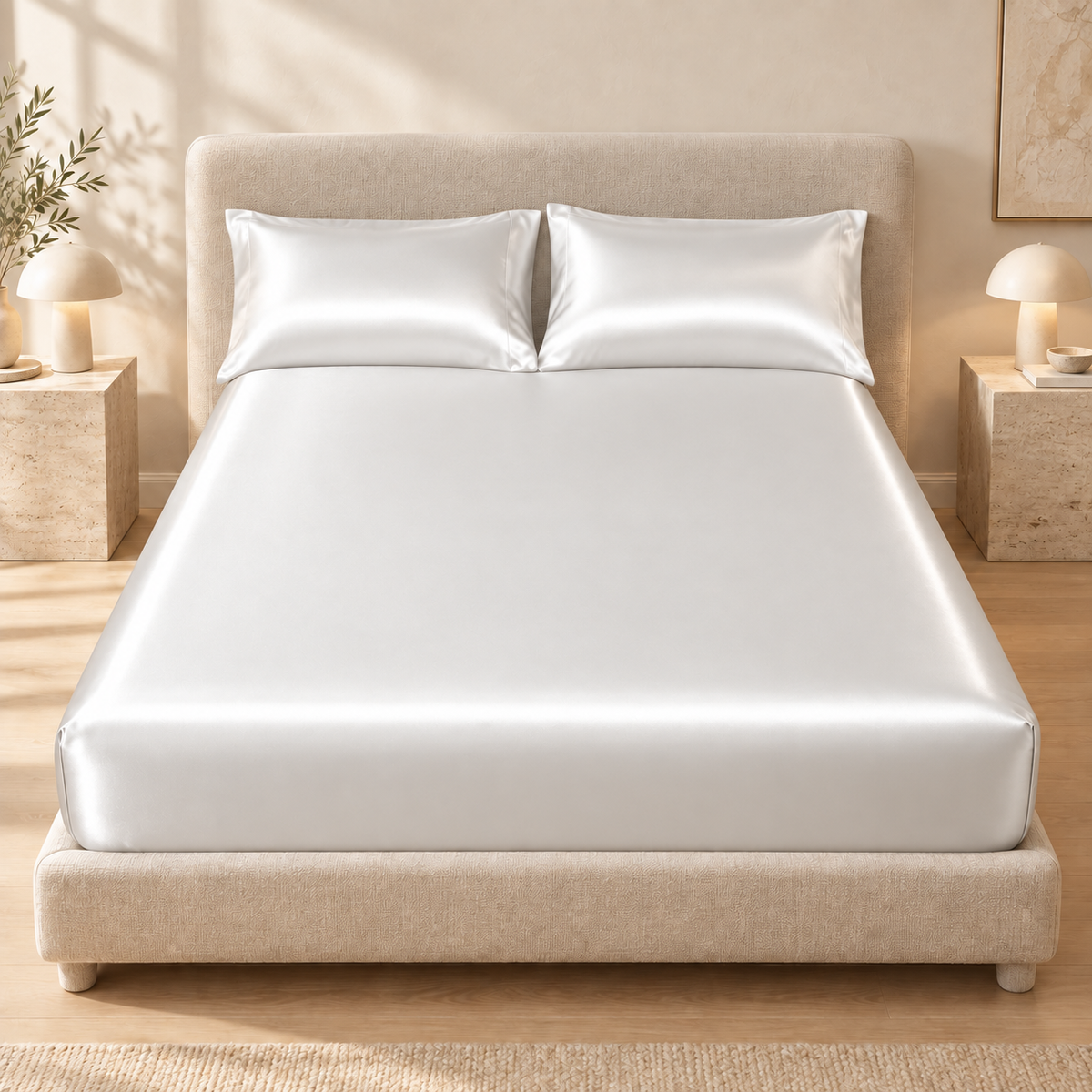 Off-white satin fitted sheet styled with matching pillowcases