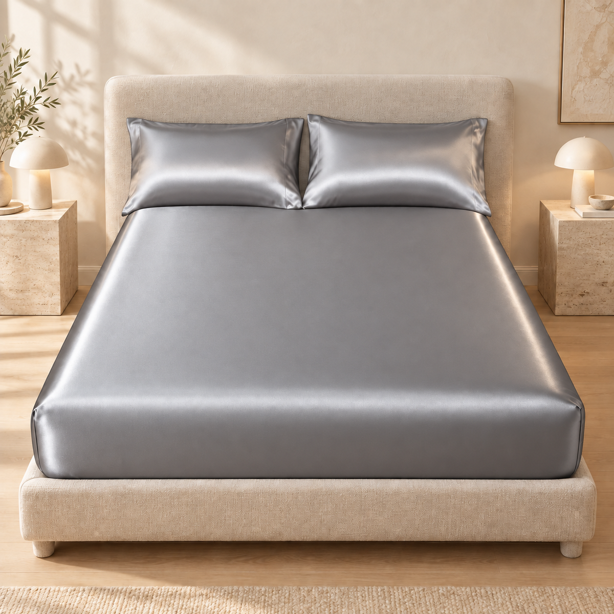 Silver grey satin fitted sheet styled with matching pillowcases