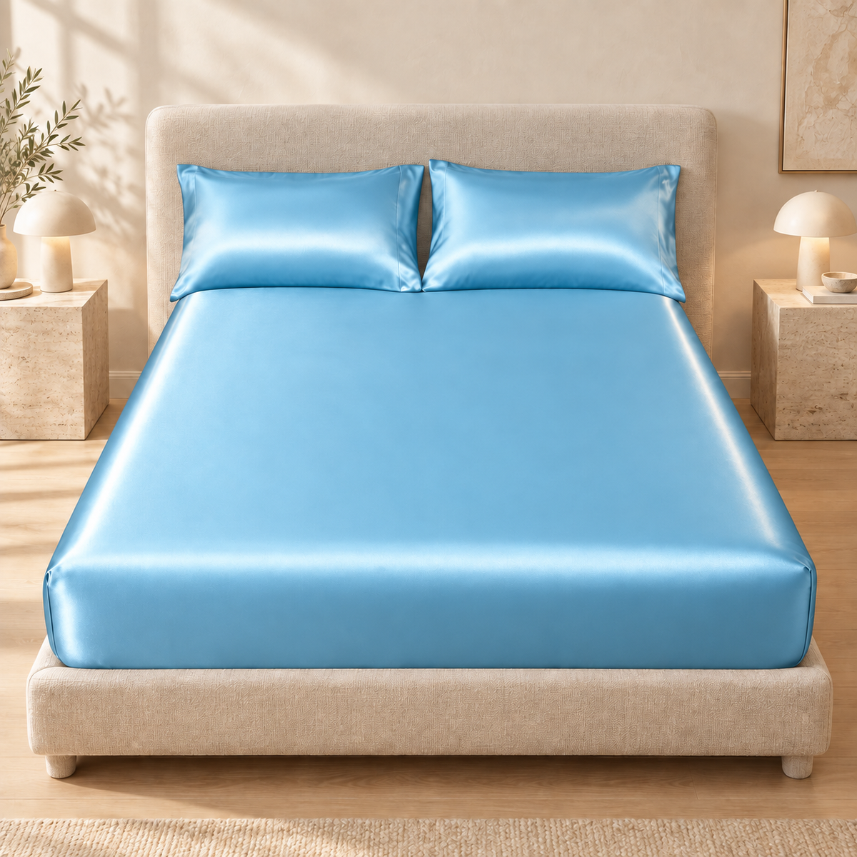 Sky blue satin fitted sheet styled with matching pillowcases